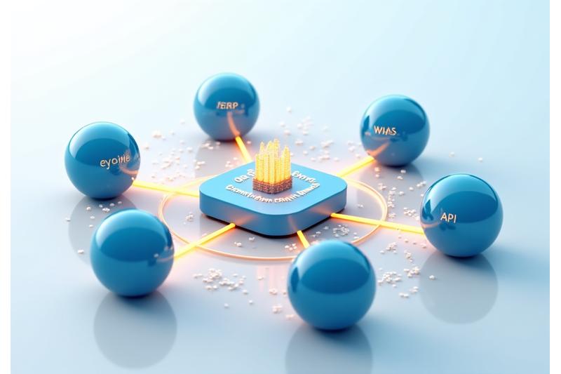 다양한 비즈니스 시스템이 유연하게 연결된 통합 아키텍처 다이어그램