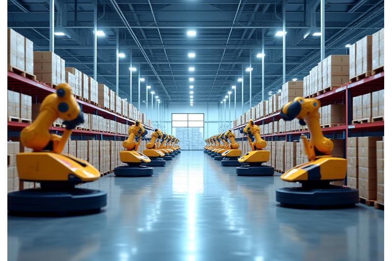 첨단 로봇이 물류 창고에서 상품을 분류하고 운반하는 모습