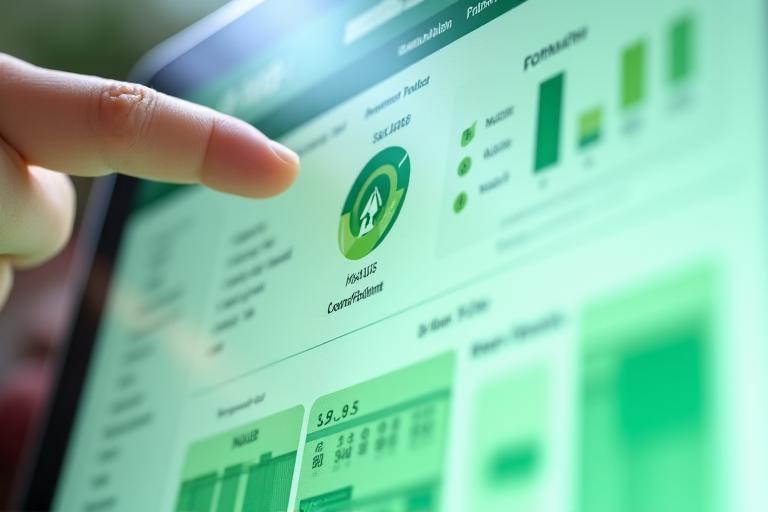 태블릿에 표시된 탄소 발자국 추적 대시보드. 그래프와 수치가 선명하게 보이며, 녹색과 파란색 톤의 데이터 시각화가 인상적이다.