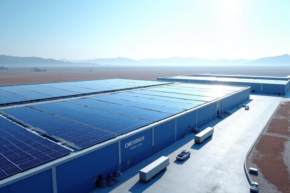 Oryx Swift 물류 센터 지붕에 설치된 넓은 태양광 패널 배열. 푸른 하늘 아래 깨끗하고 현대적인 시설이 보인다.