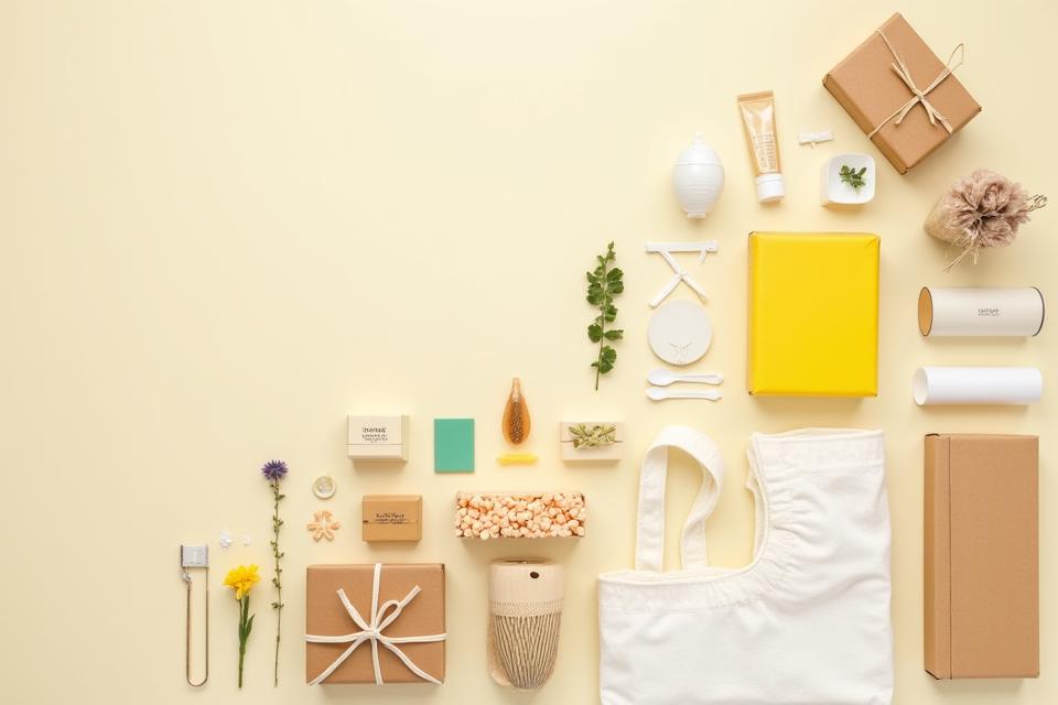 다양한 종류의 친환경 포장재 샘플들이 깨끗한 흰색 배경에 배열되어 있다. 재활용 종이 상자, 생분해성 완충재, 식물성 비닐 등이 보인다.