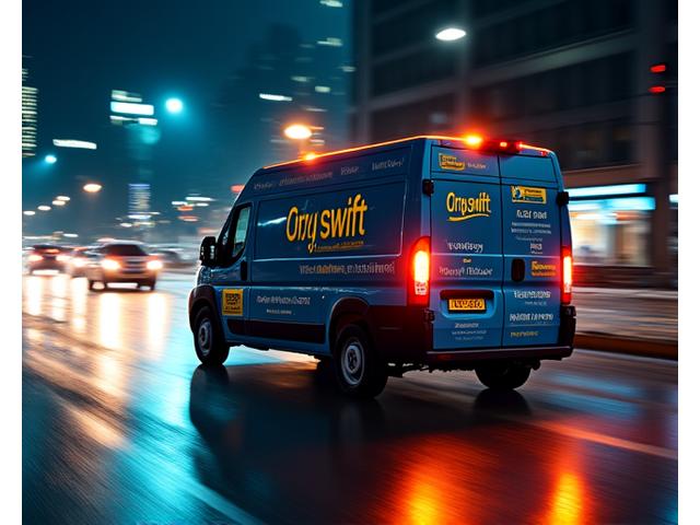 어두운 밤, 긴급 의료 물품을 싣고 빠르게 이동하는 Oryx Swift 배송 차량