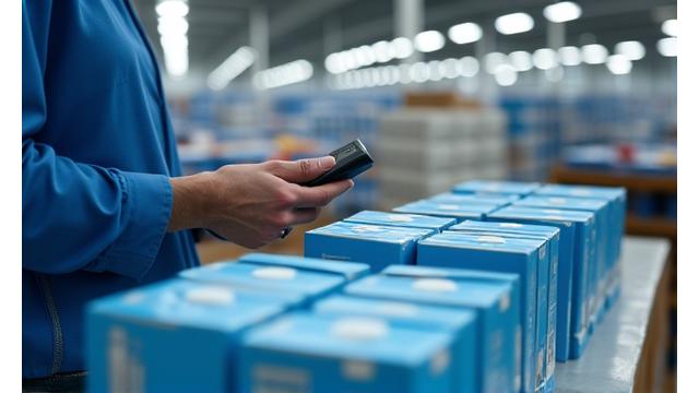 의료 기기 박스가 적재된 창고에서 스캐너로 제품을 확인하는 직원