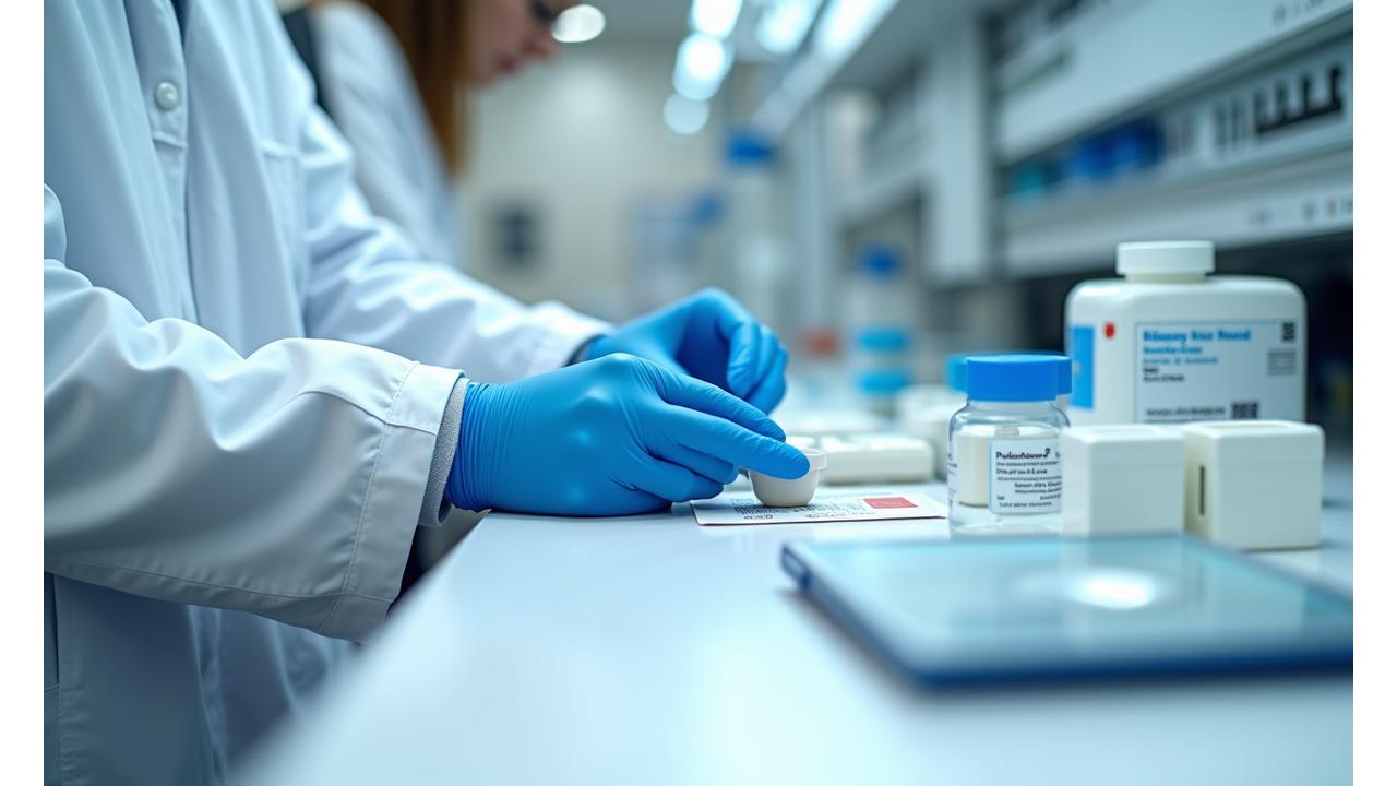 청결한 물류 시설에서 제약 제품 품질 검사를 수행하는 전문 연구원