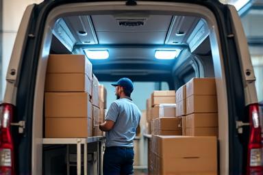 배송 트럭에서 소포를 분류하는 택배 기사